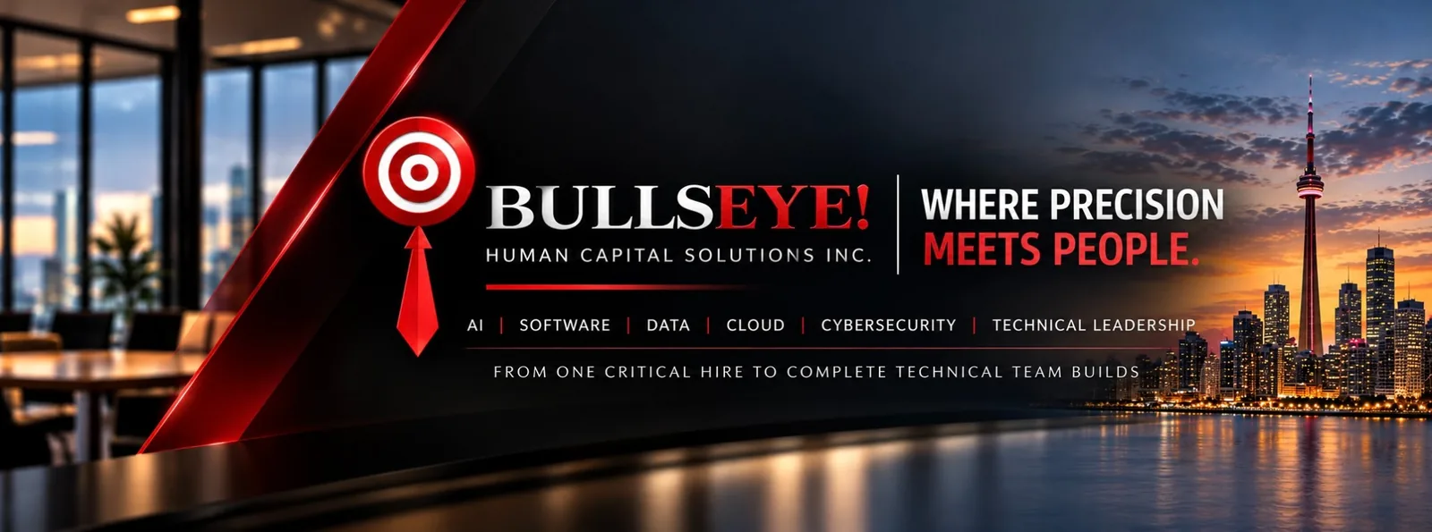 BullsEye! — Where precision meets people, against a dramatic city skyline.